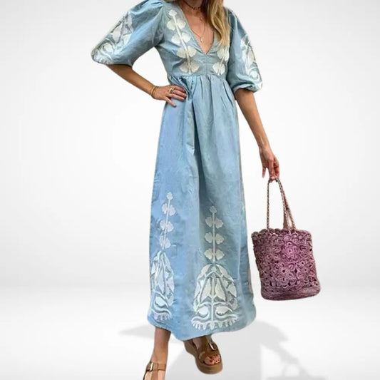 Kirjailtu puffihihainen Maxi-mekko naisille – Lacy