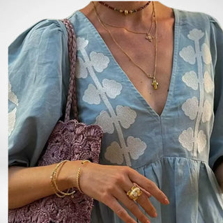 Kirjailtu puffihihainen Maxi-mekko naisille – Lacy