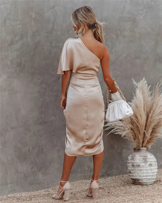 Draped epäsymmetrinen midi -mekko naisille - Cortney 1