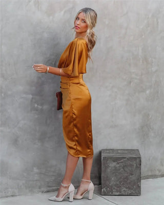 Draped epäsymmetrinen midi -mekko naisille - Cortney 4